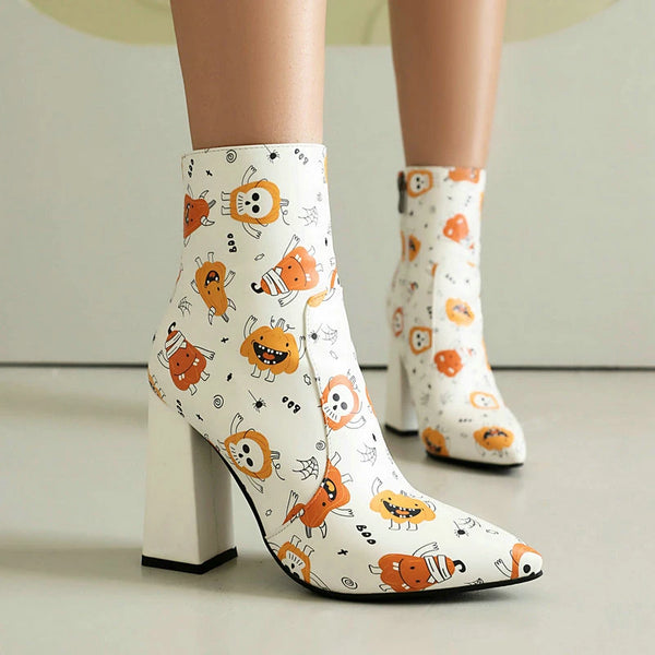 Women Ankle Boots Pointed Toe Square High Heel Ladies Short Boots