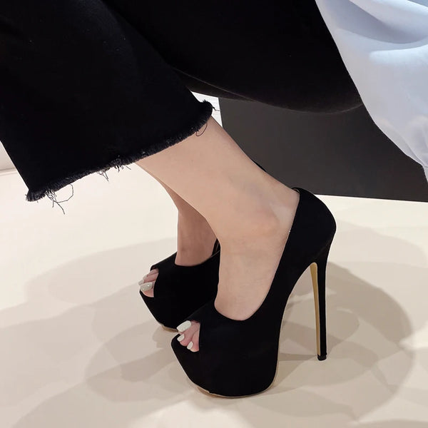 Fashion Black Platform Pumps Women Ultra High Stiletto Heels Peep Toe Party Stripper Shoes