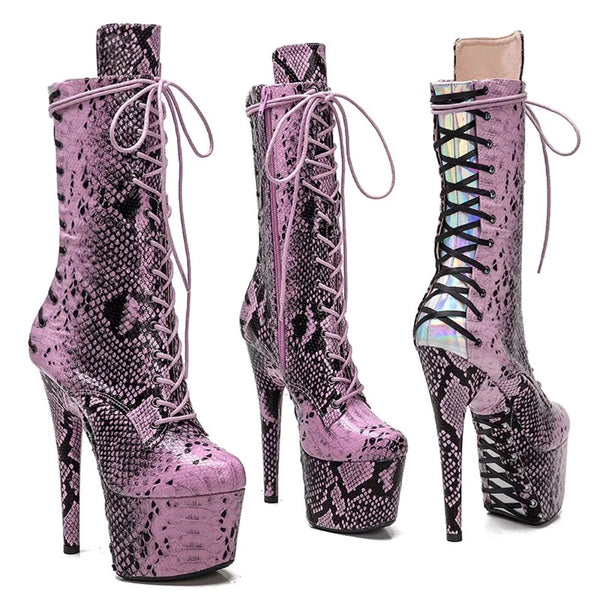 Botas modernas de tacón alto con plataforma para mujer, de 17 cm/7 pulgadas, con parte superior de PU