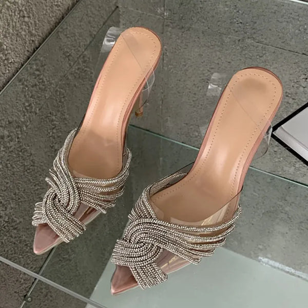 Sandalias de tacón alto con tiras cruzadas y punta puntiaguda transparentes de cristal sexy para mujer