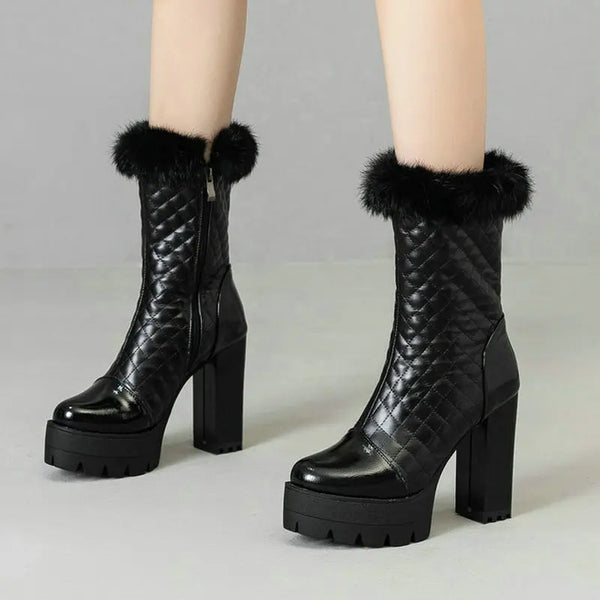 Winter Women Ankle Boots Platform Square High Heel Ladies Short Boots
