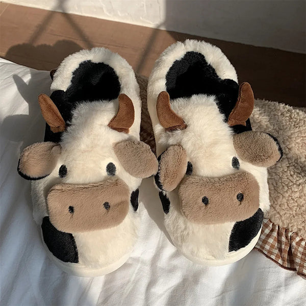 Winter Fur Fuzzy Slippers Cute Cartoon Cow Plush Slippers