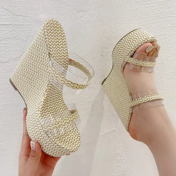 Pantuflas de mujer con plataforma sólida y lentejuelas de diseñador y tacones altos