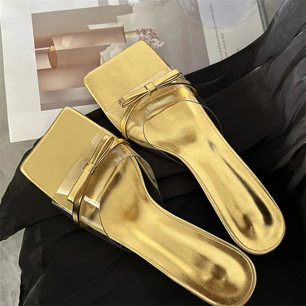 Pantuflas de verano con nudo de mariposa para mujer, de PVC transparente, con punta cuadrada y tacones bajos y finos.