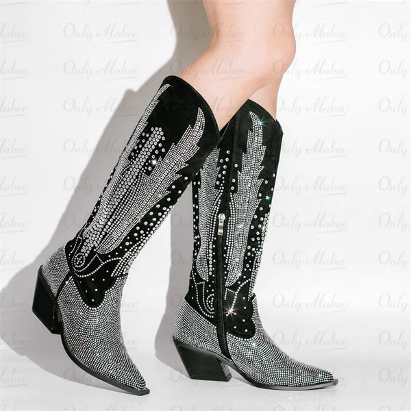 Women Black Knee High Rhinestone Boots Western Cowboy Boots