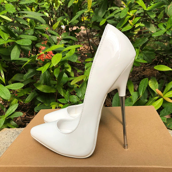 Zapatos de tacón alto y fino de 16 cm con tacón de aguja blanco brillante para mujer