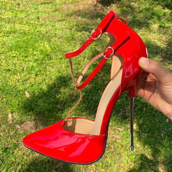 16cm Extreme High Heels Stilettos Black Pink Red Pumps T-strap