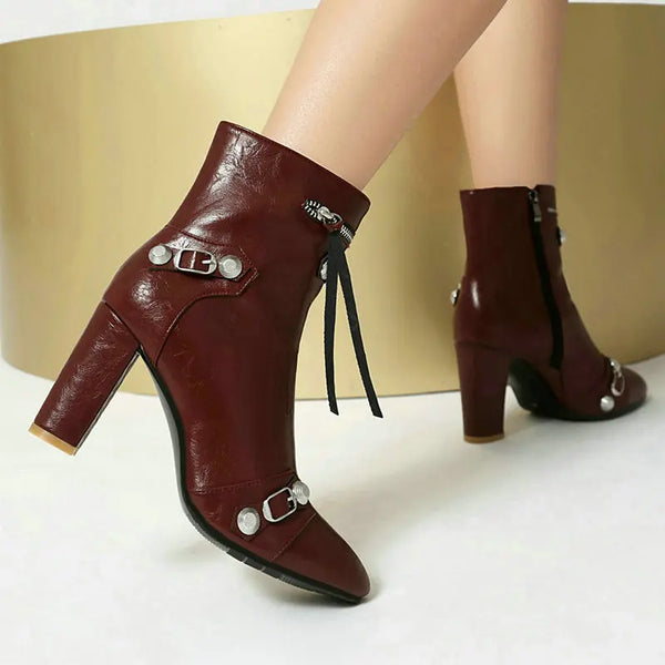Ankle Boots Round Toe Square High Heel Ladies Short Boots PU Leather Buckle Zipper Dress Fashion Women Boots Big Size
