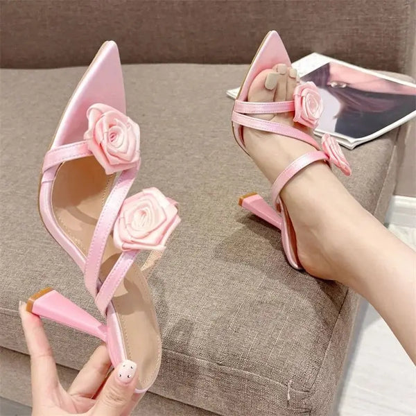 Fashion Candy Color Flowers Pointed Toe Sexy Narrow Band Woman Slippers Thin Heels
