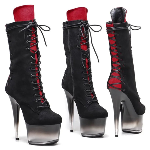 Botas modernas de tacón alto para fiesta con plataforma de 17 cm/7 pulgadas y parte superior de gamuza negra para mujer