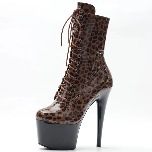Women Dance Boots 15CM High Spike Heel Platform Side-Zip  Lepaord Ankle Boots