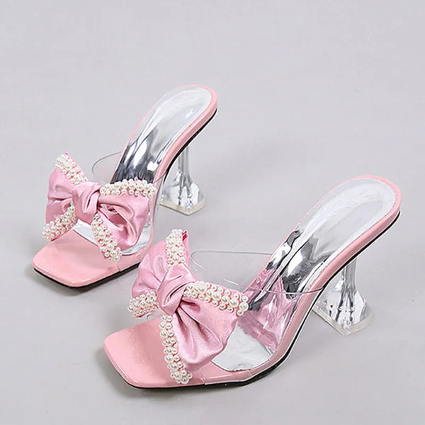 New Style Pink Women Slippers Sandals Fashion Pearl Bowknot High Heels