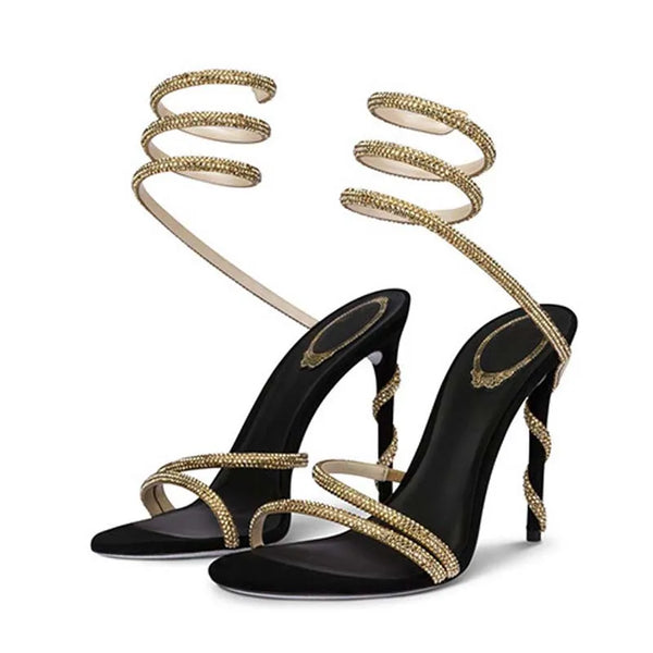 Sandalias de mujer con punta abierta y tiras en el tobillo, diseño sexy con cristales y tacones altos finos.