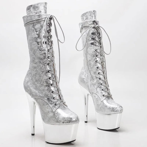 Botas modernas de tacón alto con plataforma para fiesta, de PU, de 17 cm/7 pulgadas, para mujer