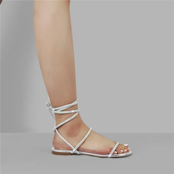 Womens Diamante Lace up Flat Sandals Flat Sandals