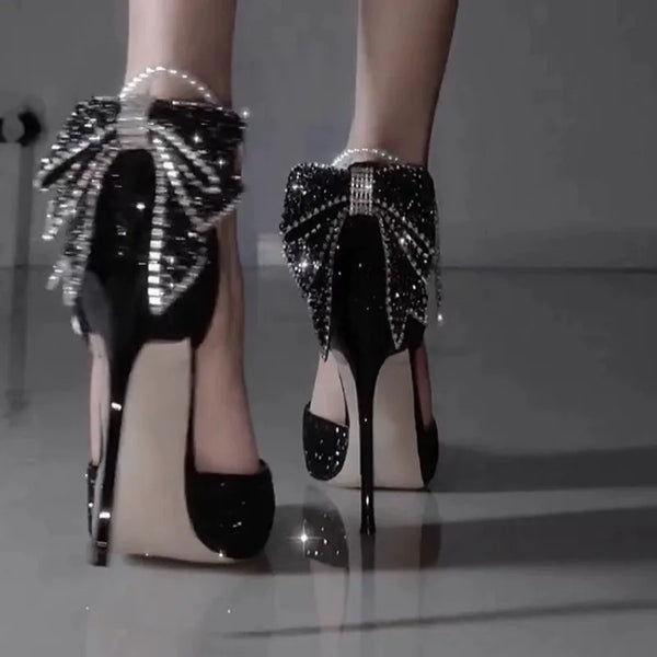 French new pointy shallow mouth temperament elegant sequin bow high heels