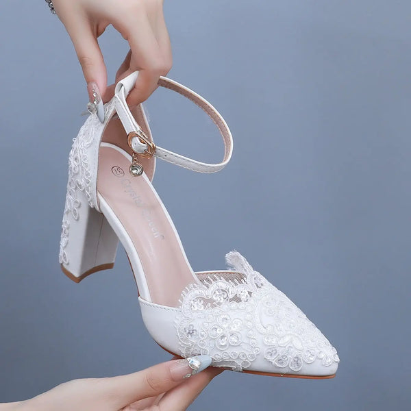 Women Flower Sandals Pointed Toe Pumps Dress Party Square High Heels