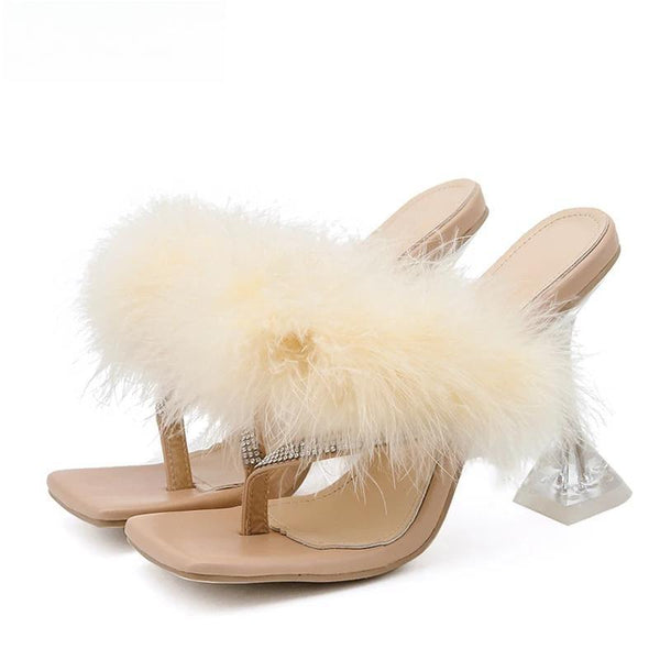 Summer Slippers Women Furry Slides Fashion Square Toe Transparent Perspex Heels Rhinestone Sandals