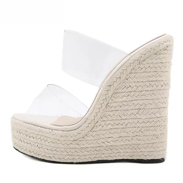 Sandalias de verano con plataforma y cuñas de PVC transparente con punta abierta y tejido de paja para mujer