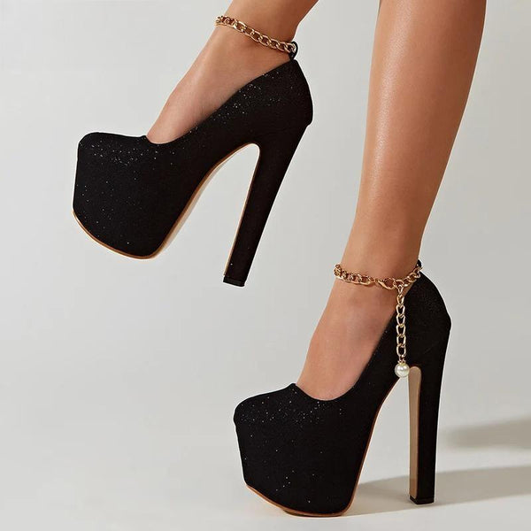 Sexy Sequined Cloth Buckle Strap Platform Wedding Peep Toe Women Pumps