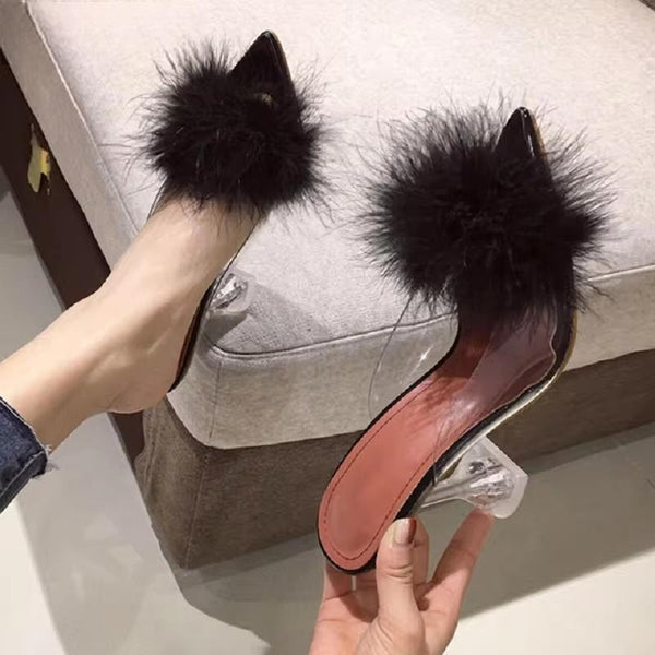 Feather Fur PVC Transparent High Heels Woman Slippers