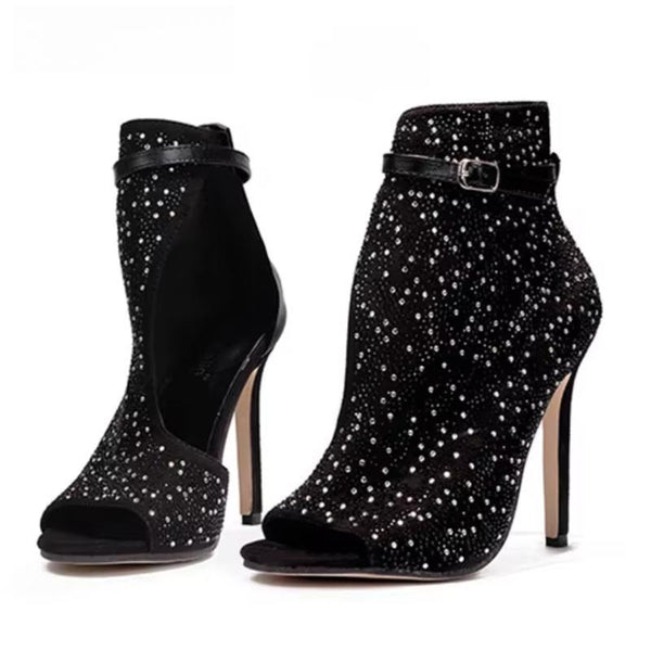 Design Peep Toe Women Crystal Sandals Ankle Straps Buckle Cover Heel Pumps
