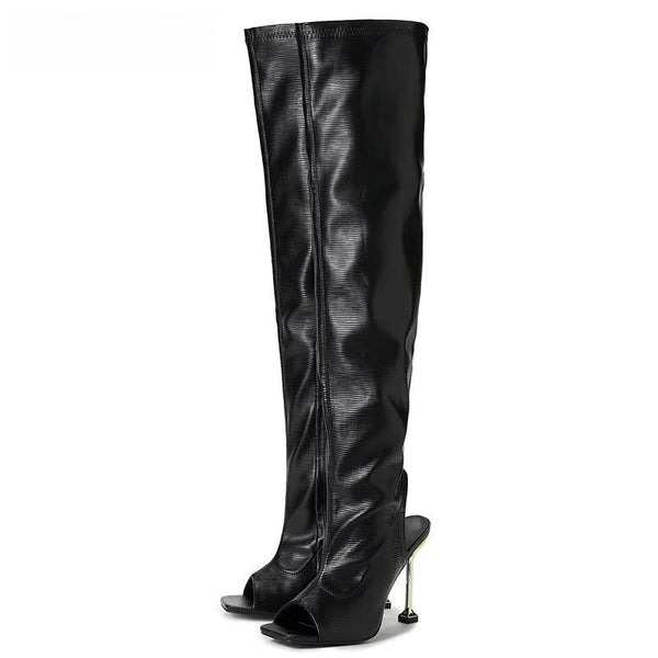 Botas por encima de la rodilla con punta abierta en blanco y negro