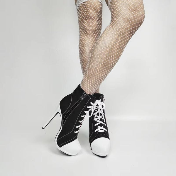 FASHION Women Platform Booties Canvas Side Zip High Heel Short Ankle Boots