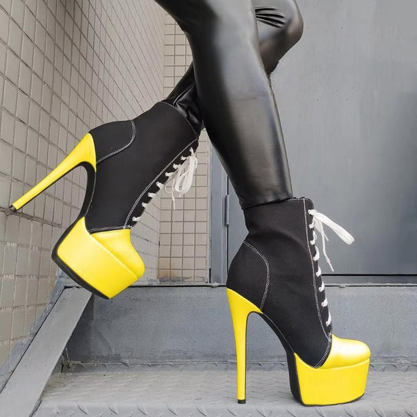 Women Platform Booties Canvas Lace Up Stiletto High Heel Patchwork Ankle Boots