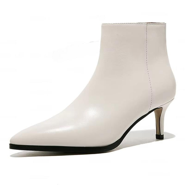 Genuine LEATHER 6CM Thin Heels Side Zip Pointed Booties Ladies Casual Shoes