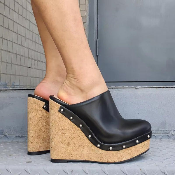 Women Platform Wedges Cork Print Slip On Pumps Faux Leather Height Increase Handmade Shoes Woman