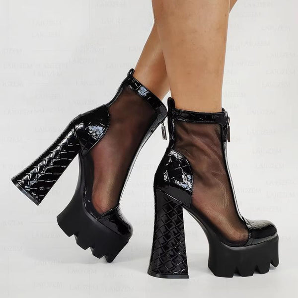 Front Zip Up Block Thick High Heels Booties See-through Ladies Patchwork Shoes