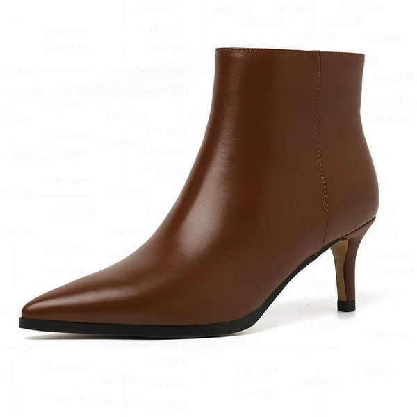 Genuine LEATHER 6CM Mid Heels Booties Pointed Toe Side Zip Up Ladies Shoes Woman