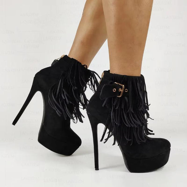 Fringe Back Zip Up Platform Stiletto High Heels Boots Botas Mujer Shoes Woman
