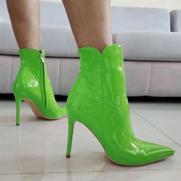 Women Short Boots Side Zip Up Shiny Thin Heels Short Boots