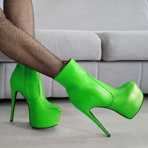 Women Short Ankle Boots Platform Faux Leather Side Zip Up Thin High Heel Boots