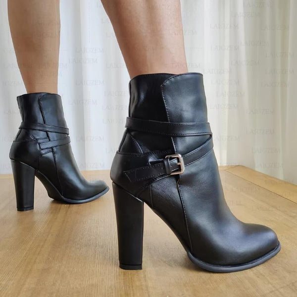 Faux Leather Pull On Chunky High Heels Boots Ladies Shoes Woman Botines