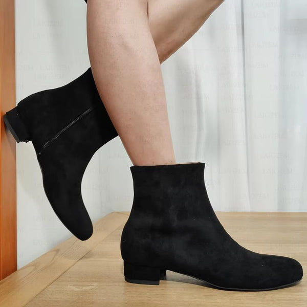 Faux Suede Round Toe Low Chunky Heels Side Zip Short Ankle Boots Shoes Woman