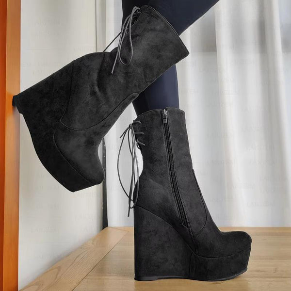 Faux Suede Platform Wedges Side Zip Up High Heeled Boots Handmade Shoes