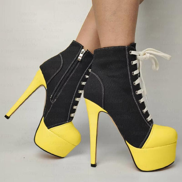 Women Platform Ankle Boots Side Zip Thin High Heels Booties