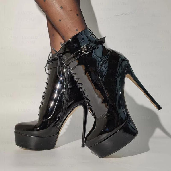 Shiny Side Zip Up Thin High Heels Short Booties Platform Ladies Shoes Woman