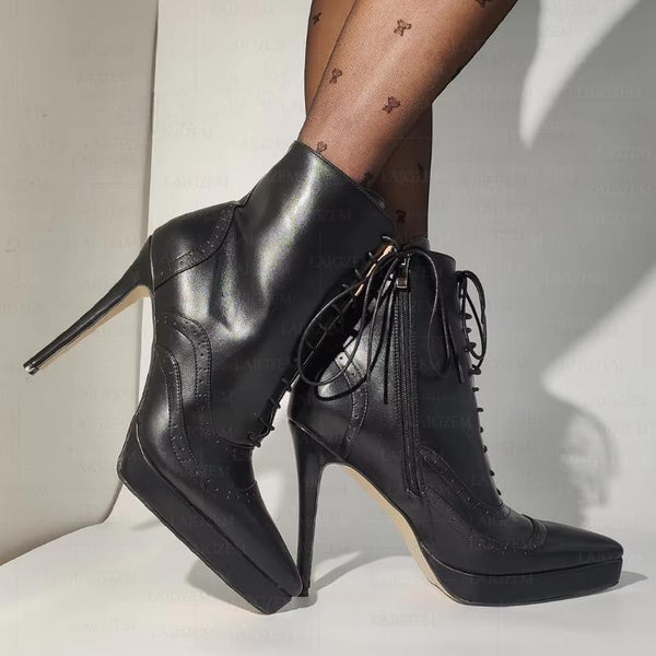 Faux Leather Pointed Toe Side Zip Up Thin High Heels Boots Ladies Shoes Woman