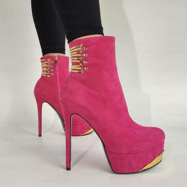 Faux Suede Patchwork Side Zip Up Thin High Heels Boots Ladies Shoes Woman