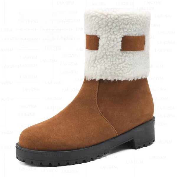 Faux Suede Round Toe 2CM Thick High Heels Winter Short Boots Handmade Shoes Woman