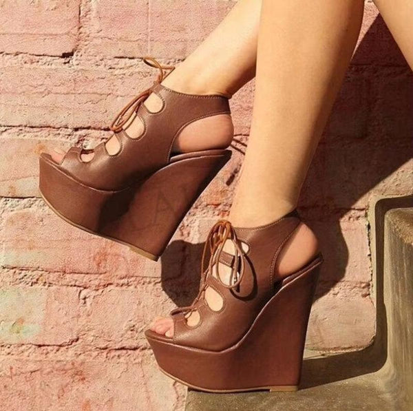 Platform Wedge Lace Up High Heels Sandals Party Pumps Handmade Shoes Woman
