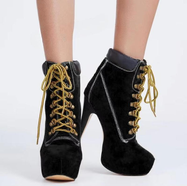 Faux Suede Platform Boots Fashion Closed Toe Lace Up Stiletto Heel Booties