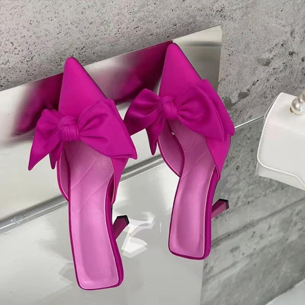Sandalias de mujer con nudo de mariposa grande de otoño, sandalias de punta estrecha y tacón alto.