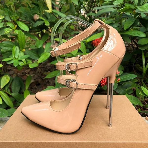 Tacones altos de metal de 16 cm con correa en el tobillo para mujer