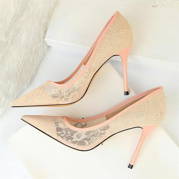 Sexy Black Flower Lace Mesh Pumps Women