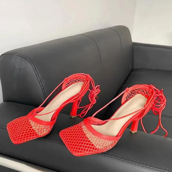 Sexy White Hollow Mesh Woman Pumps Sandals Square Toe High Heel